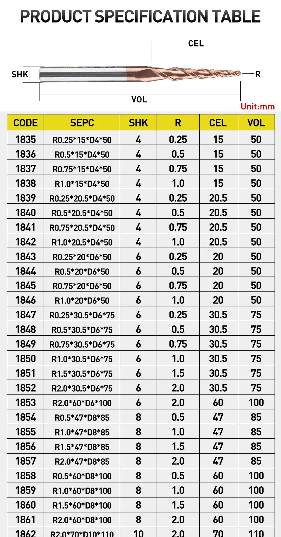 Hrc55 Tapered Ball Nose End Mill Tungsten Solid Carbide Coated Tapered