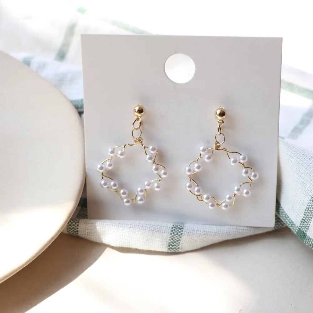 

JUHU Wholesale female gold plated pearl earrings circle shaped geometric drop earrings
