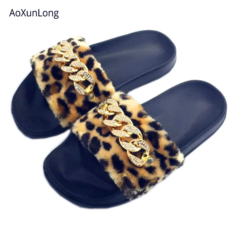 

AoXunLong Fashion New Shiny Diamond Slippers Women Furry Home Slippers Women Leopard Pink EU 36-41 Size Ladies Indoor Slippers