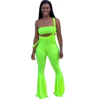 

New Arrivals Fashion Women Casual Wrap Chest Suspender Flared Pants Solid 2 Pieces Set Outfits Jumpsuit