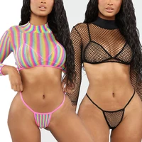 

Free Shipping 3 piece mesh brazilian thong swimwear two piece bikini set with long sleeve coverups