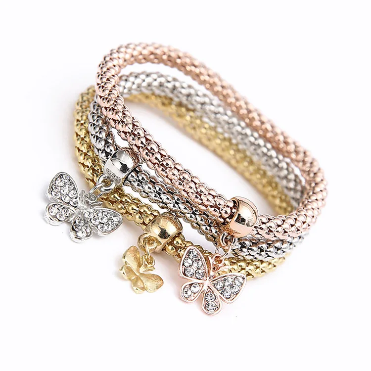

BT1006 Fashion Silver Rose Gold Gold Plated Popcorn Corn Chain Stacking Bracelet with Crystal Pave Butterfly Charm
