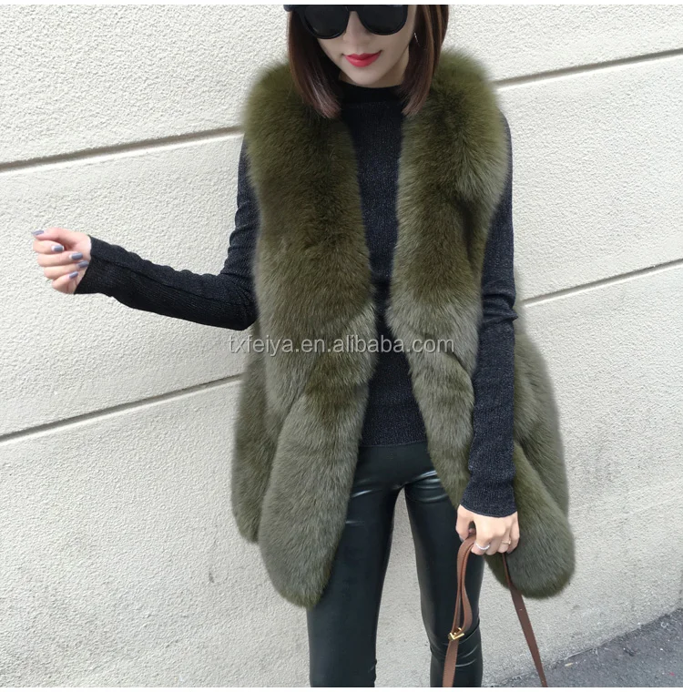 

2017 wholesale Women Green Sleeveless Italian Fox Fur Vests Coats, We can dye any color