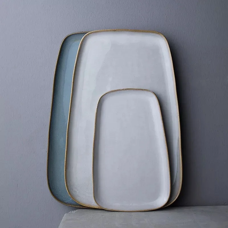 

Stoneware Serving Platter Dinner Side Plate Wholesale Ceramic for Home and Restaurant Plate Dish Charger Plate, White/blue