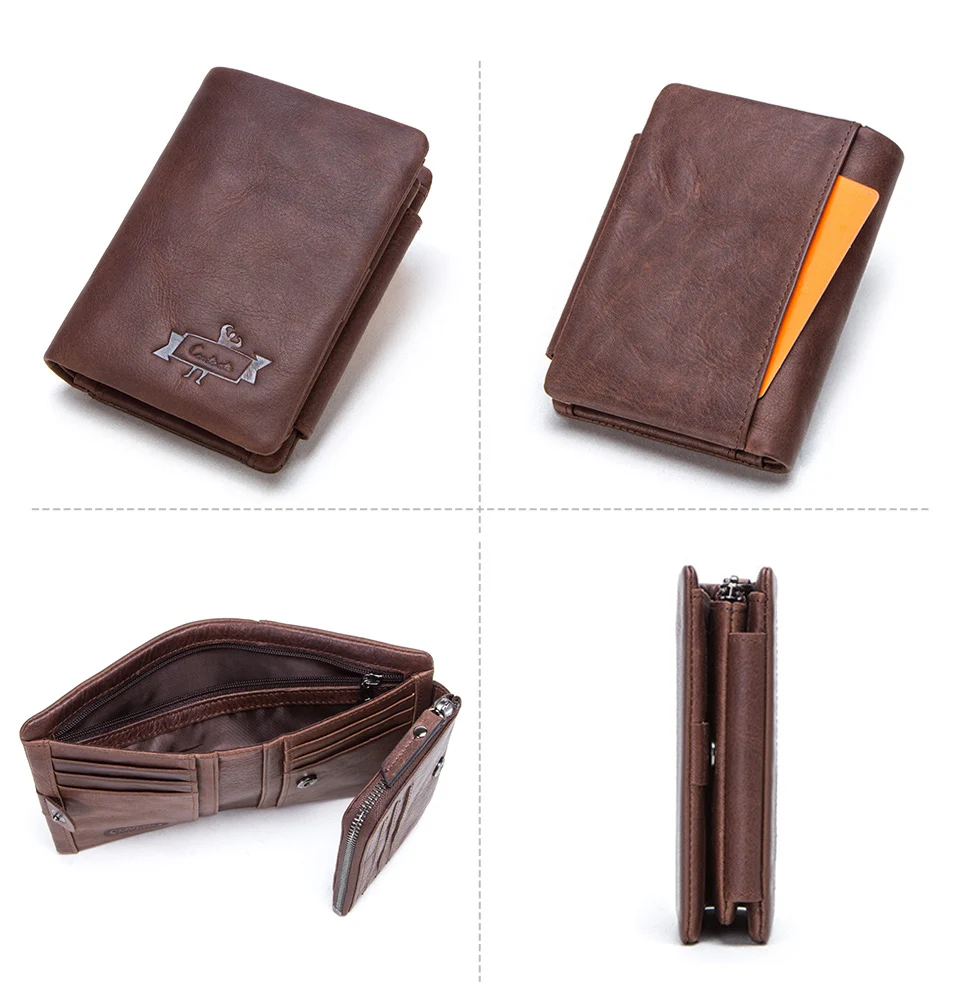 CONTACT'S Male Wallet Guangzhou Brand Vintage Crazy Horse Leather Tri-fold Purse Wallet with Coin Pocket