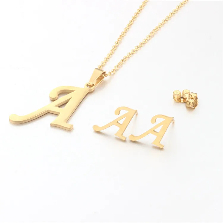 

New fashion stainless steel letter A-Z pendant gold plated chain necklace earring jewelry sets women, As picture