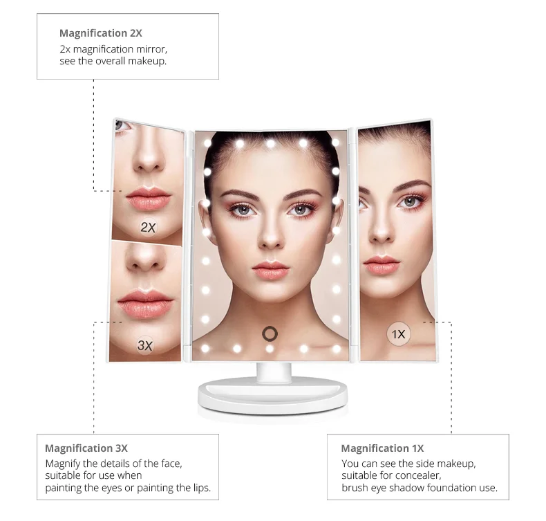 22 LED Light Touch Screen Light Control 3 Folding Magnifying Mirrors Desktop Rechargeable Make-up Make up Mirror Lamp for Makeup