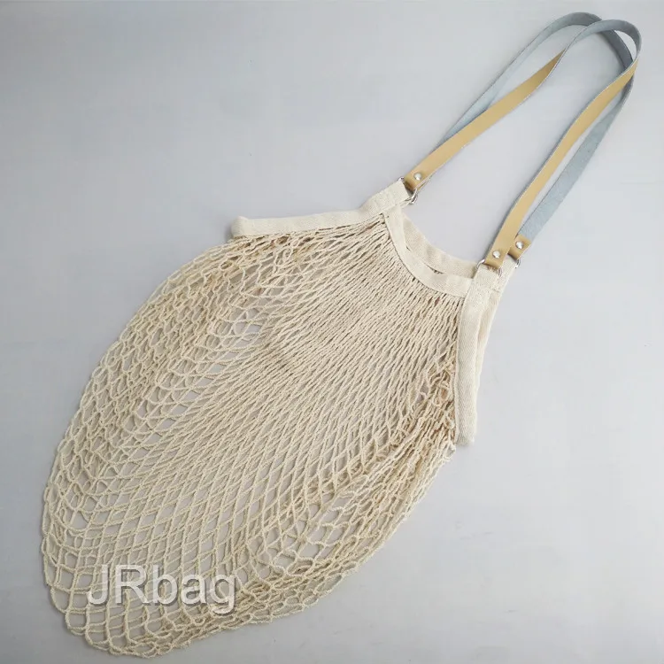 Customized Crocheted Unbleached Woven Cotton Star Mesh Net Hand Bag Leather handle String Mesh Bag Manufacturer