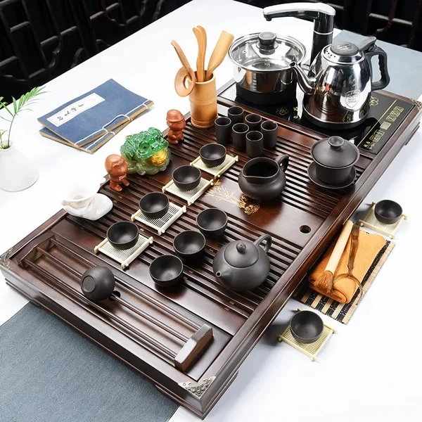 

Hot sell Chinese Kungfu tea tray, wooden table with tea cup, pot and Gaiwan, Black