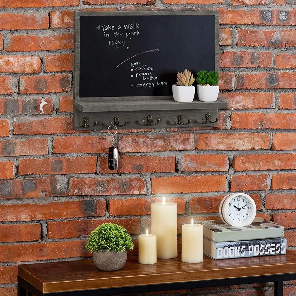 
Home Decor Rustic Style Wood Wall Mounted Chalkboard Message Board with Key Hooks 