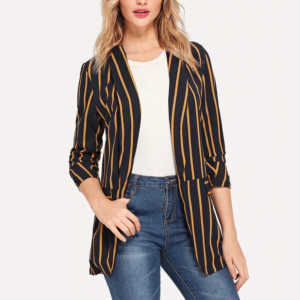 Women Vertical Stripe Gathered Sleeve Blazers Ladies Buy Blazer With Elbow Patchesladies 6806