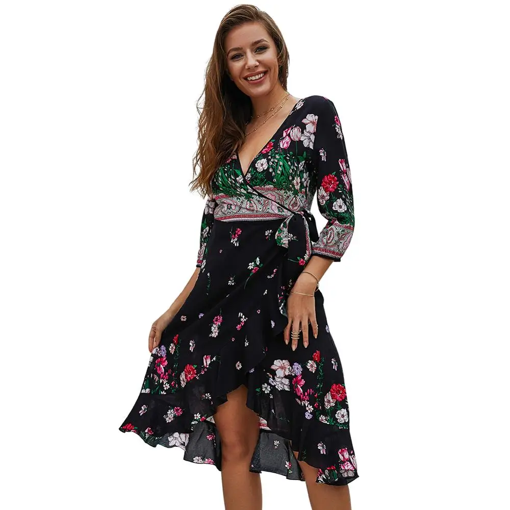 

2019 women dresses new knee length vacation floral dresses, N/a