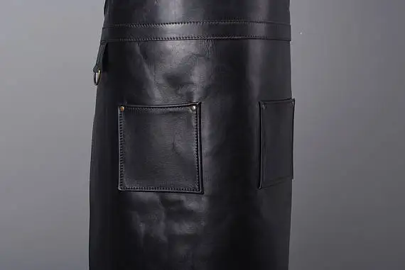 
China Wholesale High Quality Eco-Friendly Material Brown Adjustable Kitchen Leather Apron With Pockets 