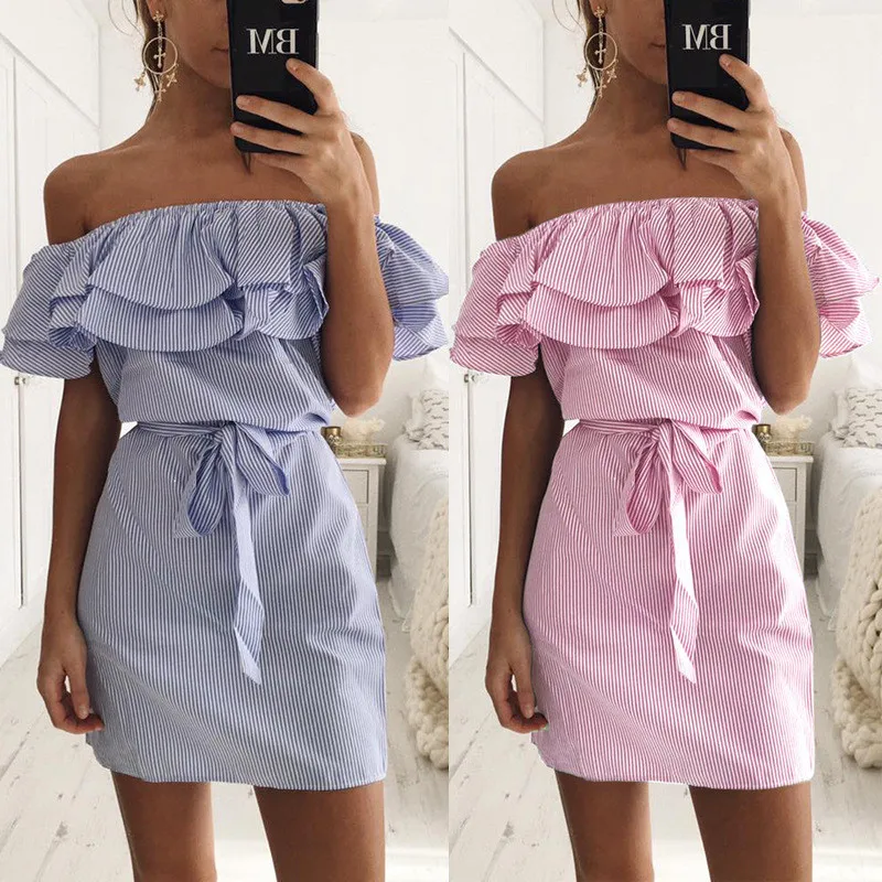 

2021 off shoulder Women's Ruffle Short sleeve Casual Party Mi Dress women clothing, As shown