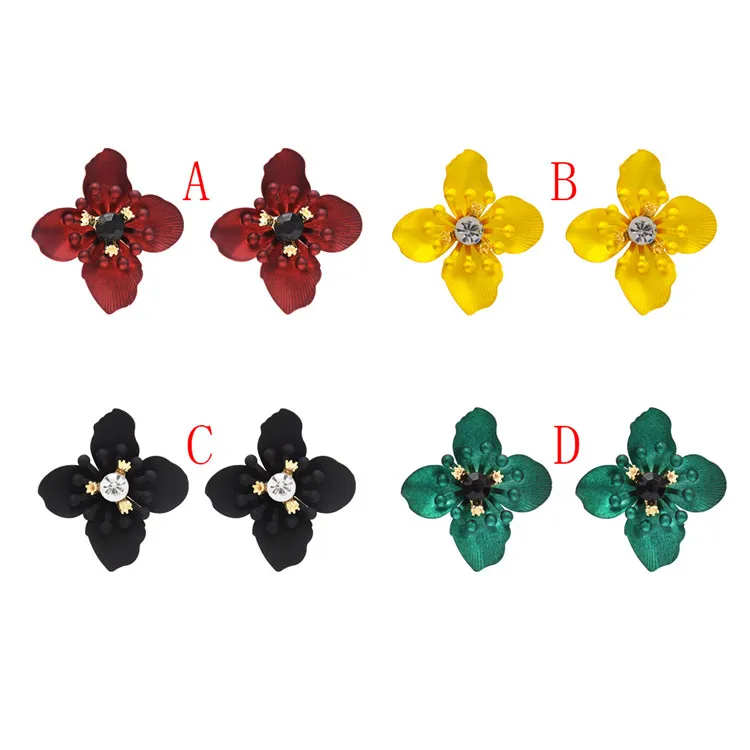 

New Design Luxurious Korean Style Gold Floral Flower Earrings Beautiful Big Stud Earrings, Black;green;yellow;red