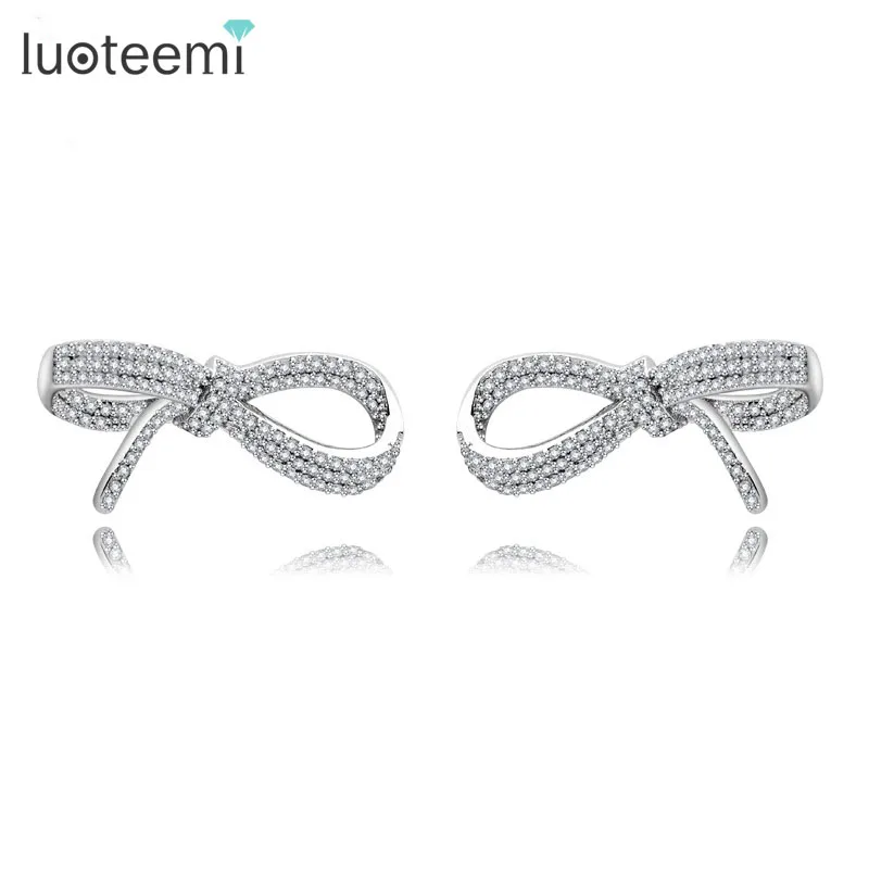 

LUOTEEMI Wholesale New Arrivals Luxury Pure Cubic Zirconia Micro Paved Ladies Designs Big Size Bow Stud Earrings White Gold