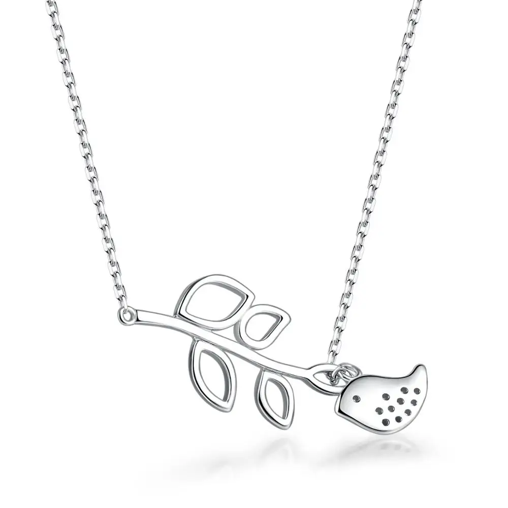 

Hollow Out Leaf and Bird S925 Pendant Necklace 925-Sterling-Silver Fine Jewelry for Women Party Wedding NY047, White gold color