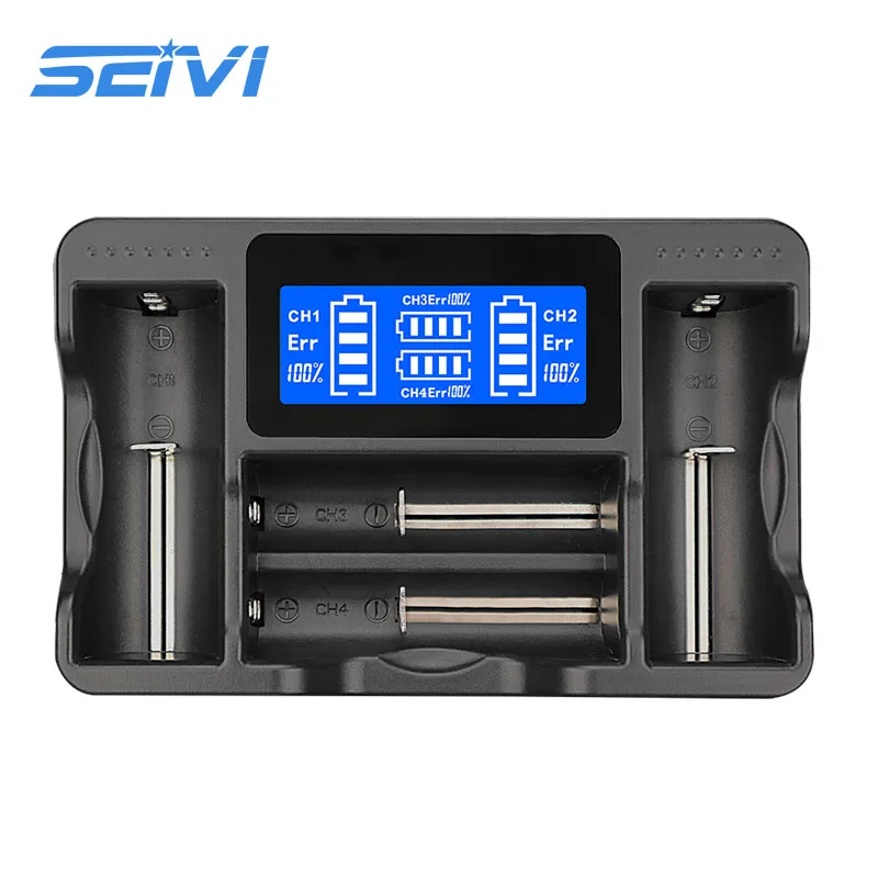 

18650 Battery Charger 4 Slot USB Smart Charger LCD Screen Li-ion IMR INR ICR Ni-MH Ni-Cd AAAA AAA AA A C Batteries, Black