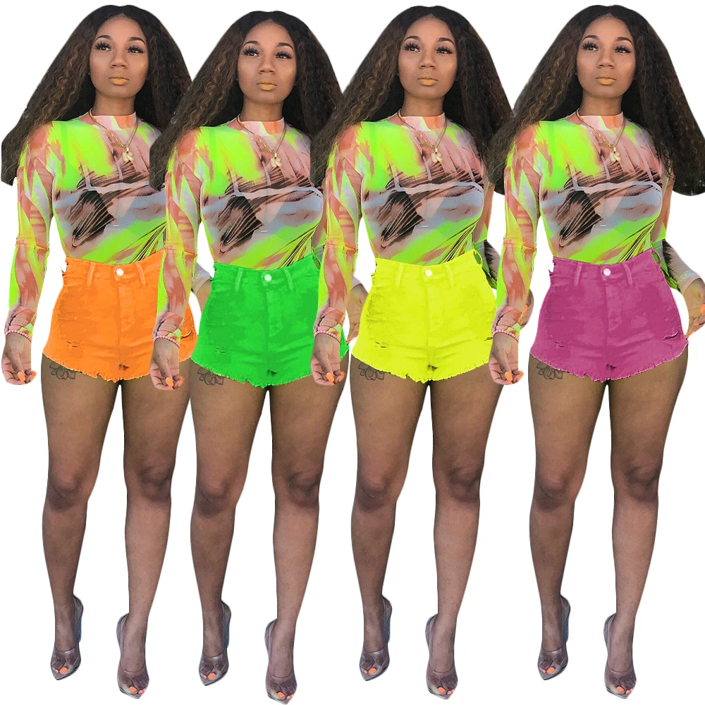 

SA3561 fashion summer scratched solid denim mini shorts women, N/a