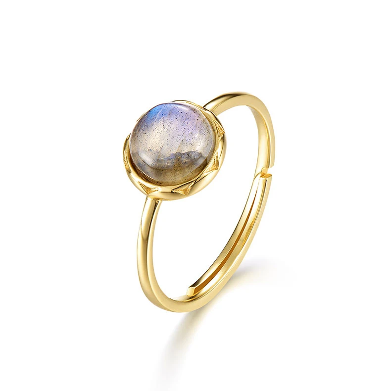 

Handmade round ring gold jewelry women 925 Sterling silver rainbow stone cabochon labradorite ring