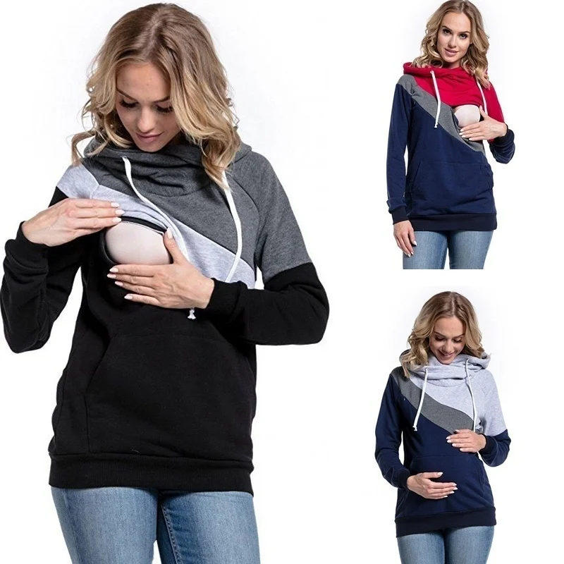 

Plus Size Pregnancy Nursing Long Sleeves Maternity Clothes Hooded Breastfeeding Tops Patchwork T-shirt for Pregnant Women S,M,L,