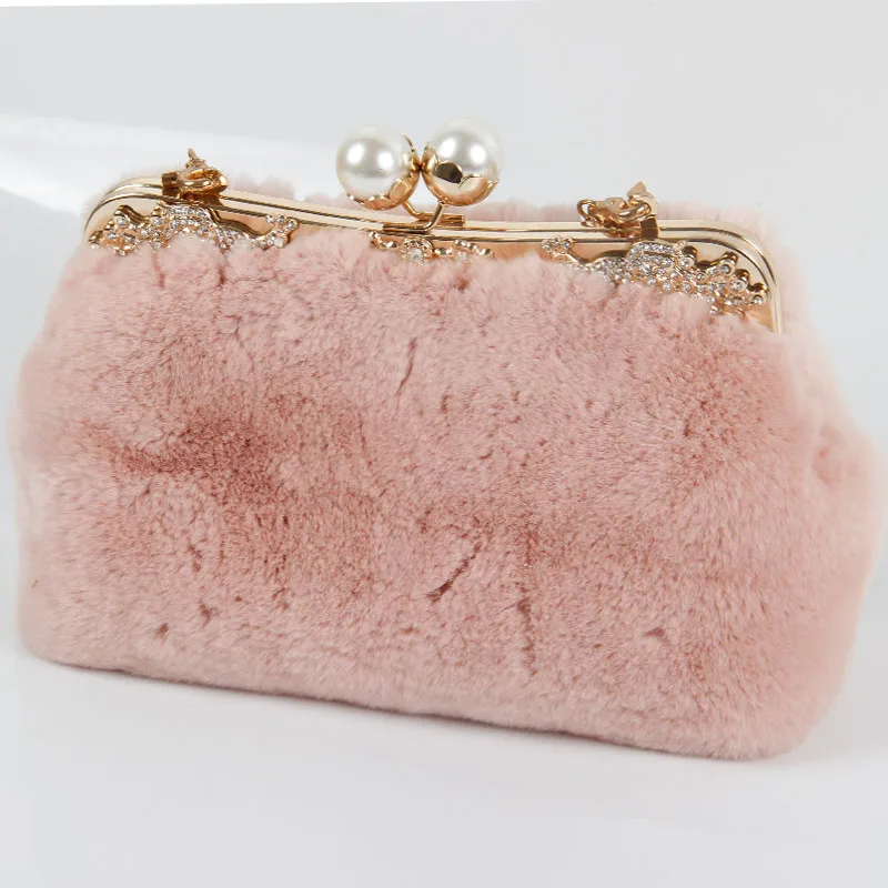 
Wholesale rabbit hair ladies handbag with diamond lock buckle fur bag new winter fashion shoulder bag Messenger bag 