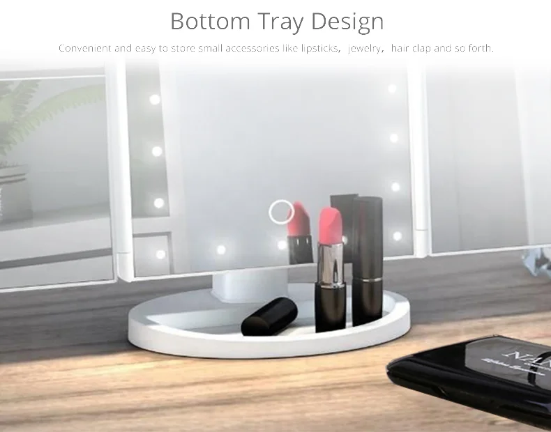 22 LED Light Touch Screen Light Control 3 Folding Magnifying Mirrors Desktop Rechargeable Make-up Make up Mirror Lamp for Makeup