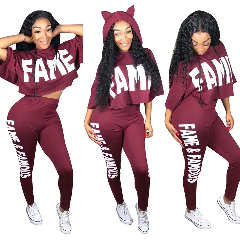 

New Fashion Wine Red Hooded Print Casual Two Piece Set