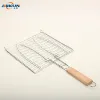 Portable Folding Stainless Steel304 BBQ Barbecue Grill Basket for Fish, Vegetable, Steak, Shrimp with Removable Wooden Handle
