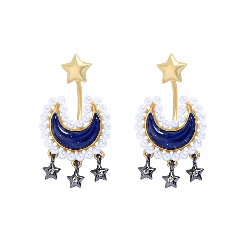

ed01600c New Christmas Gift Blue Moon Star Statement Tassel Earrings Pearl