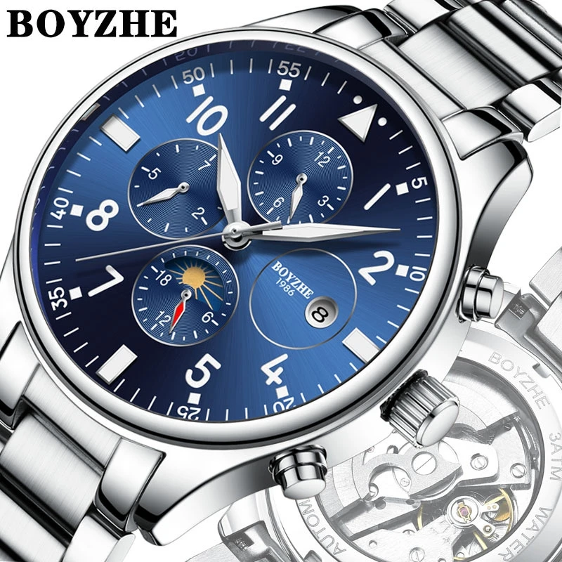 

BOYZHE Premium Silver Strap Hardness Mineral Glass Full Automatic New Luxury Men Watch