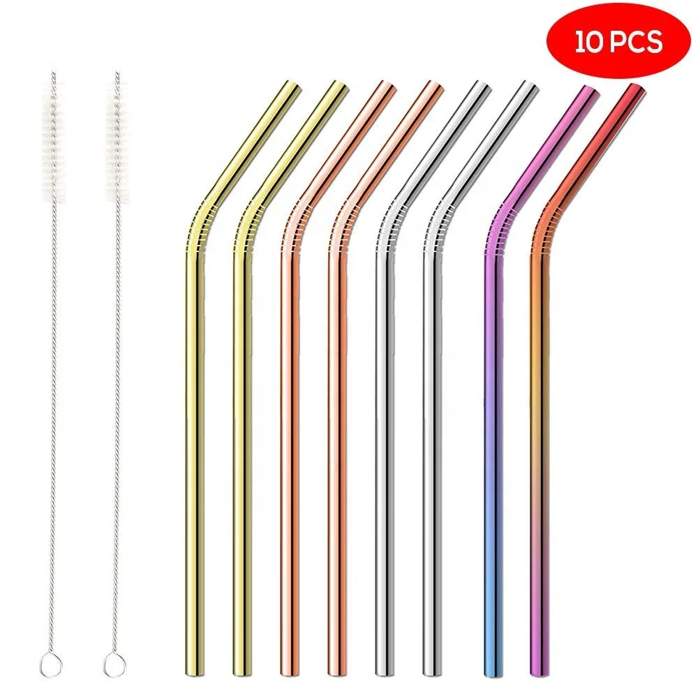 

10 Pack - Stainless Steel Coloured Reusable Straws - Includes 2 Long Cleaning Brushes, Black;gold;rose gold;rainbow;etc.