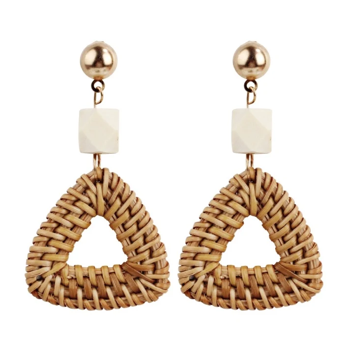 

Handmade Wooden Woven Rattan Hanging Triangle Drop Earrings