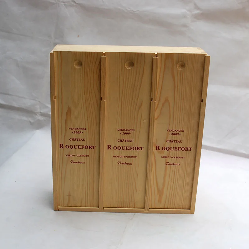 3 bottle pine wood sliding lid box top quality