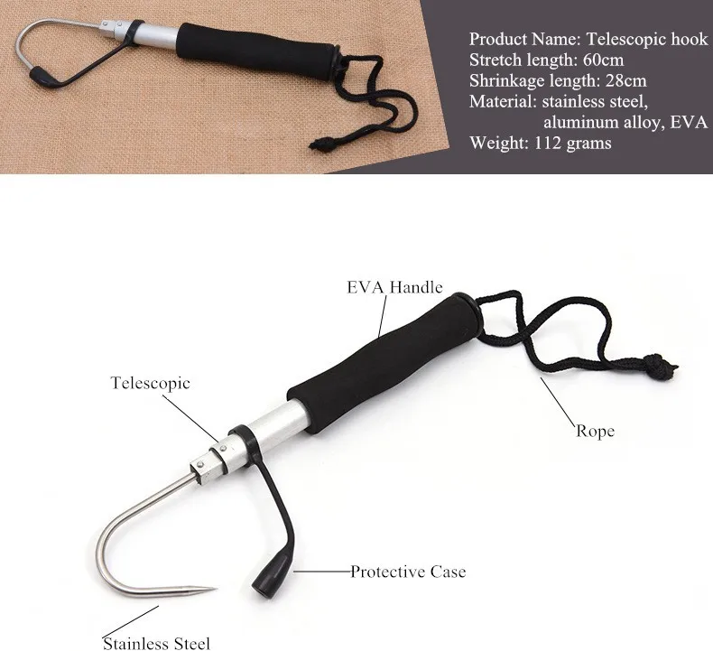 60cm/120cm Telescopic Fishing Gaff Ocean Boating Grip Holder Aluminum