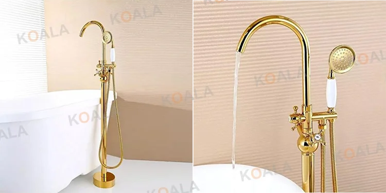 Designer Luxury Economic High End Gold Free Stand Long Reach Freestanding Bath Taps with Shower Mixer