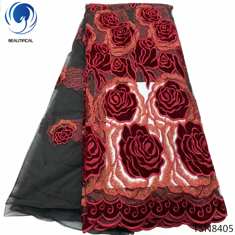 

Beautifical nigeria velvet lace red flower embroidered velvet french lace black velvet fabric for women dresses TSN84, 5 colors