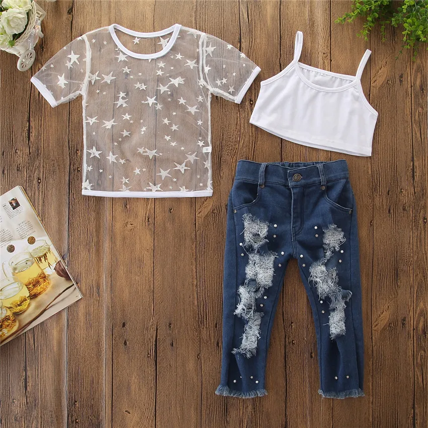 

2019 New Fashion Toddler Kids Girls Short Sleeve Star T-shirt Tops Hole Denim pants pearl Jeans 2PCS Clothing Set, As picture