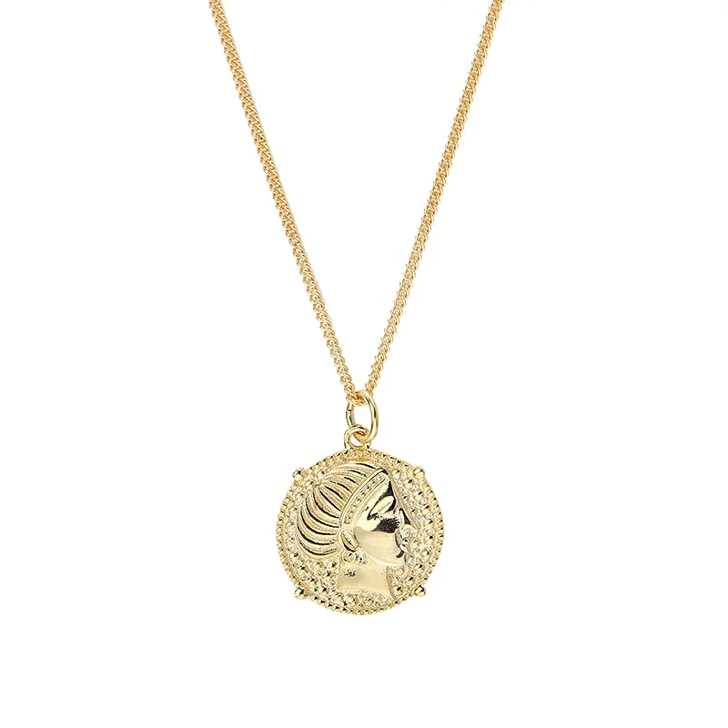 

A1444 Yellow gold jewelry gift vintage Gold plated coin portrait engraved necklace by Moyu