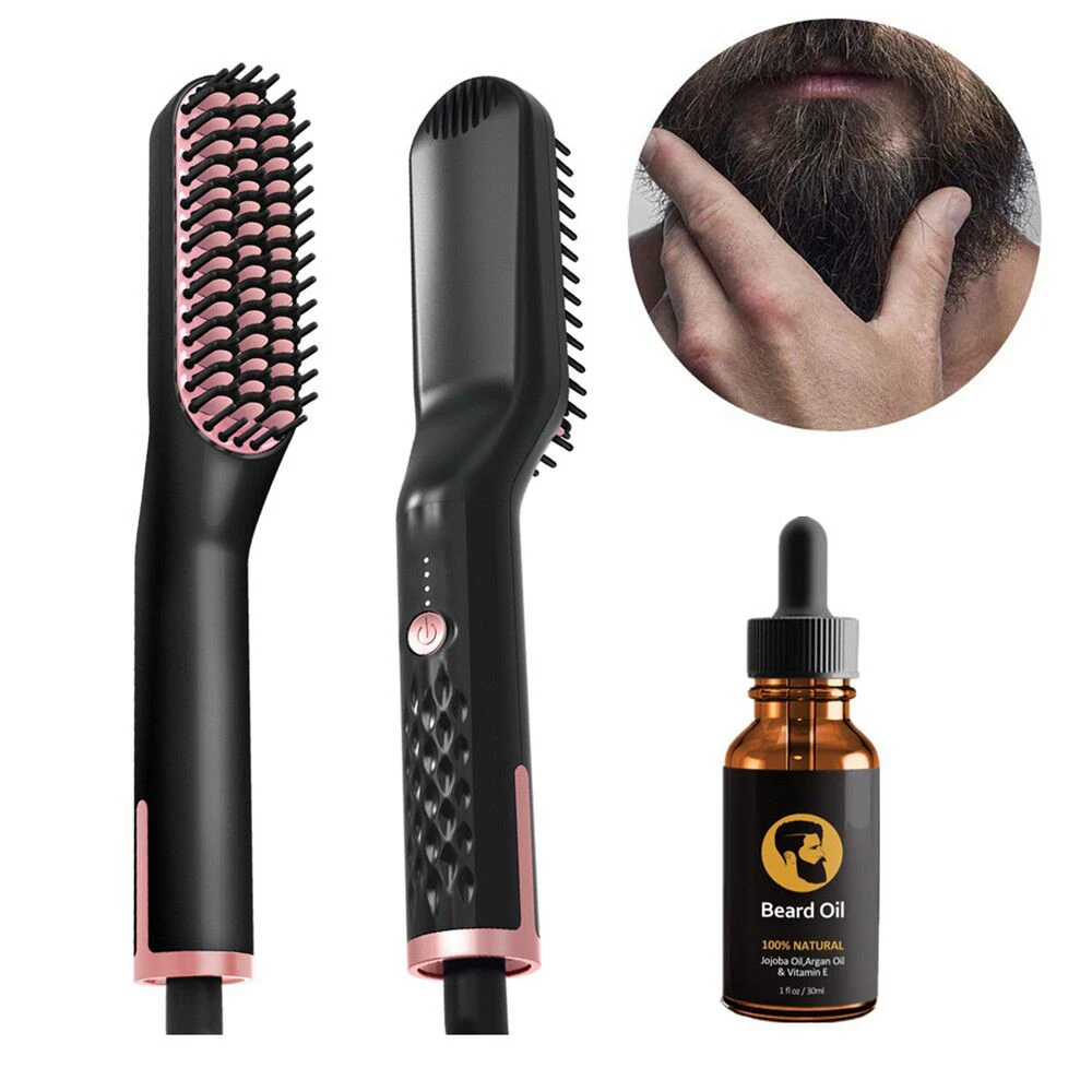 

Portable electric beard straightening multi function quick heated hair comb Ionic hair straightener brush for men, Black