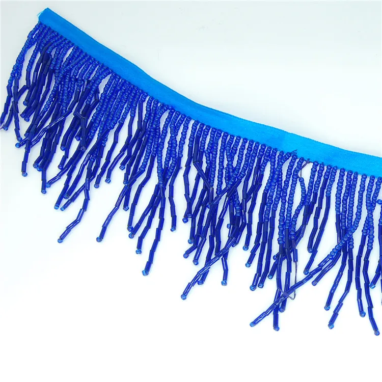 

Wholesale blue ribbon bugle tassel trimming beaded fringe for dress costume, As sample or customized