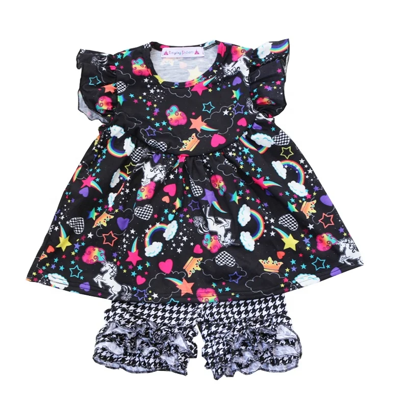 

Hot sale Valentine's day clothing black unicorn sleeveless girls outfits baby boutique kids clothes set, Picture shows