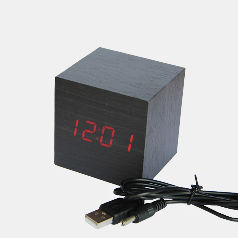 

EMAF Dropshipping Square wooden cube led digital desk alarm clock time day temperature sounds control table alarm clock