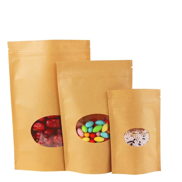 

Small Back Seal Bag Kraft Paper Bags with Window Food Packaging Bag Brown Jagged Style Granules Packaging Customized Candy Snack