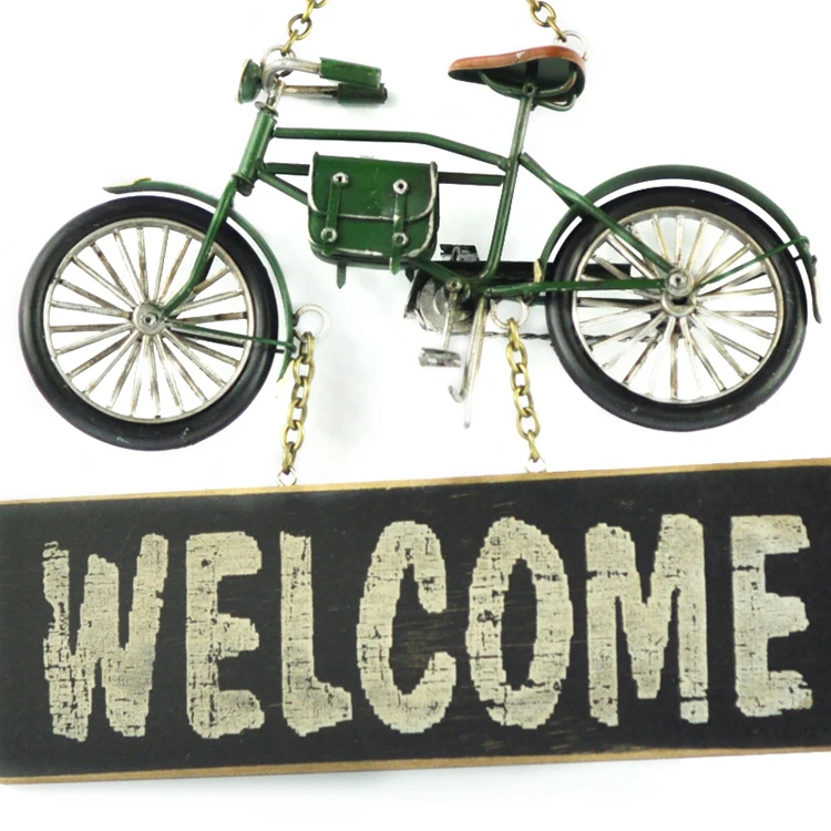 Vintage Wall Wood Welcome Sign Door Decor Plaque Green Bike Model