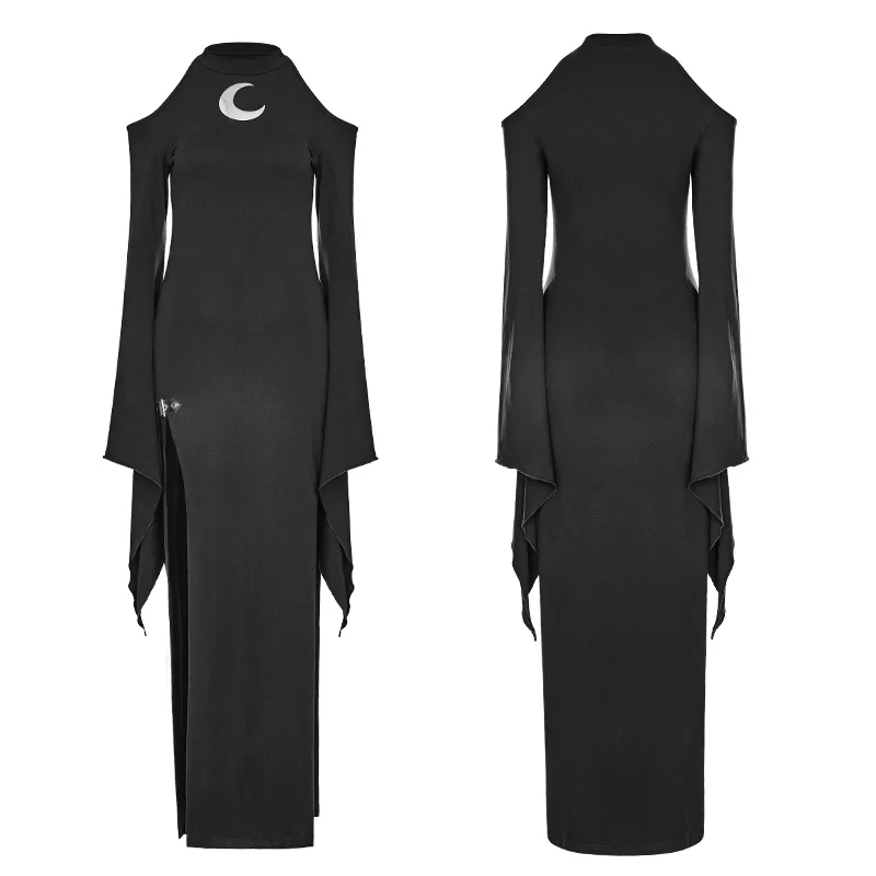 

WQ-367 PUNK RAVE Gothic Cold shoulder elegant long evening dress, Black