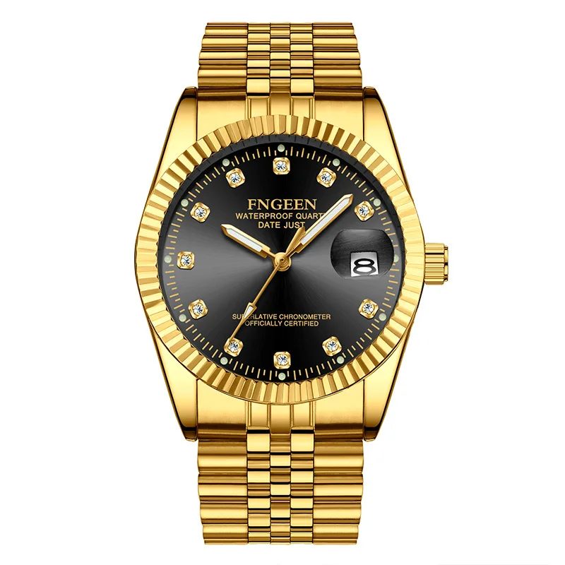 

FNGEEN 7008 3301 Hot Selling Business Iced Out Couple Watch Waterproof High-end Crystal Gold Watch Quartz, As the picture