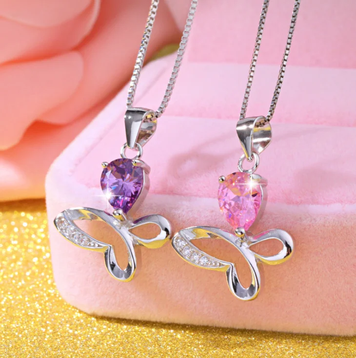 

925 sterling sliver grace and temperament unique pink crystal butterfly pendant necklace women, 2 colors