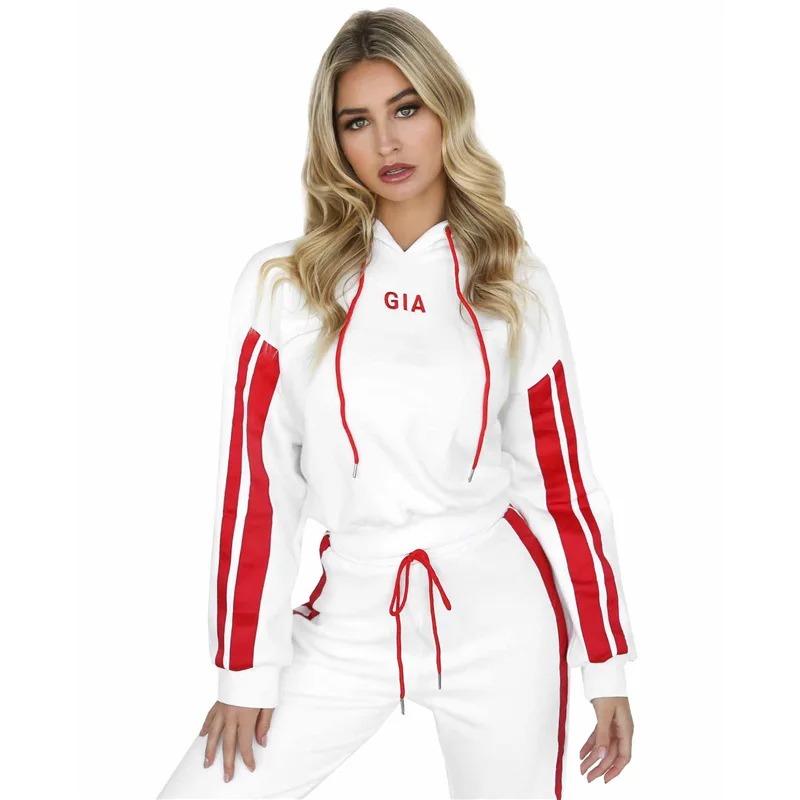 Custom Fashion clothing set 2018 blank Stripe Side hoodies Crop Top Drawstring Long Pants 2PCS Tracksuit For Women