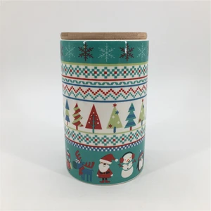 Image of Ceramic Christmas cookie jar airtight tea coffee sugar storage jar ceramic coffee canister with bamboo wood lid
